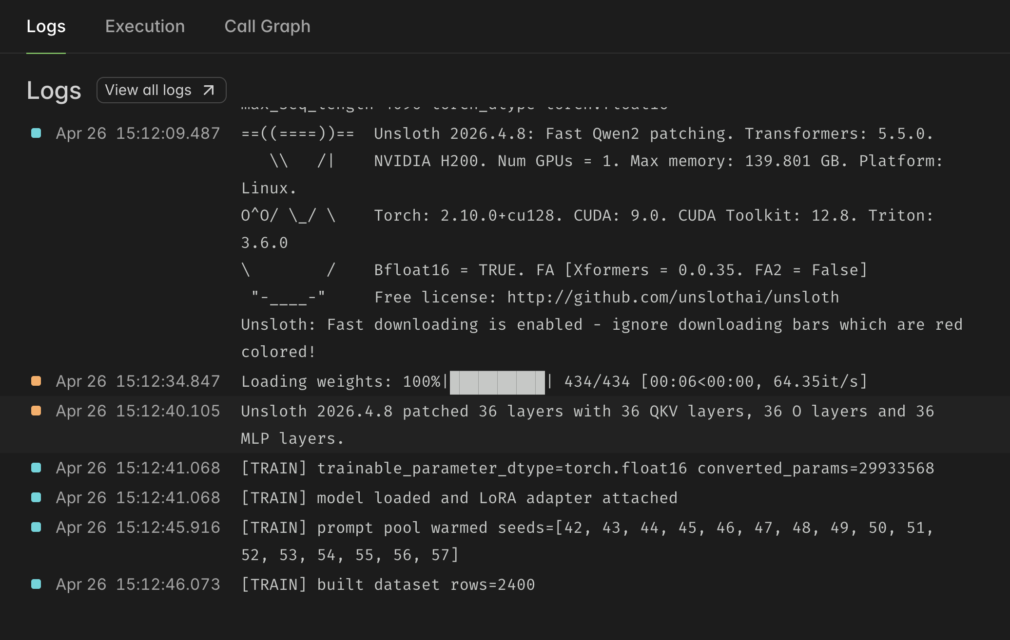 Modal logs showing Unsloth loading Qwen2.5 Coder 3B on an NVIDIA H200 and building the CrisisOps dataset