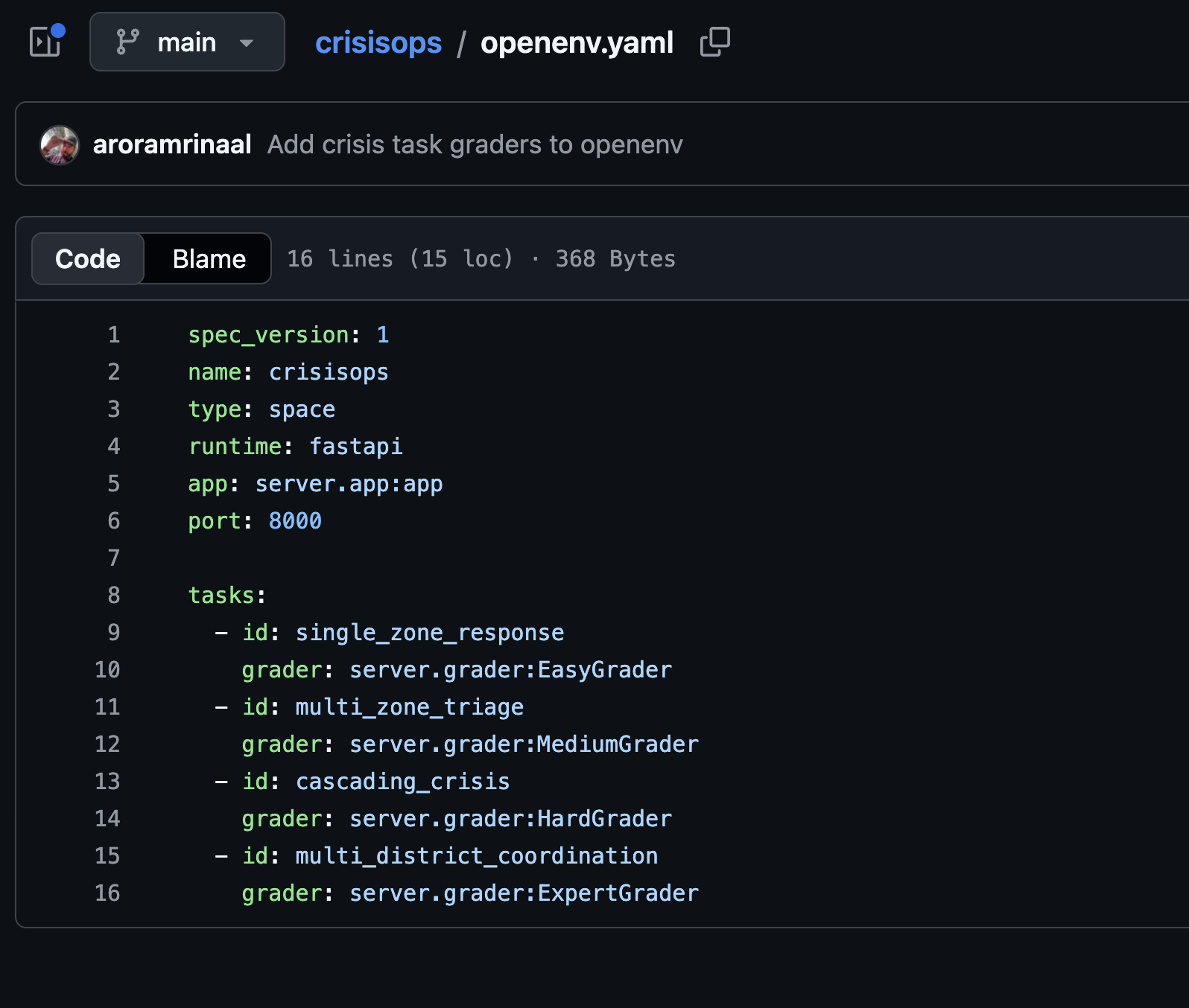 GitHub screenshot of the CrisisOps OpenEnv YAML manifest with four task graders