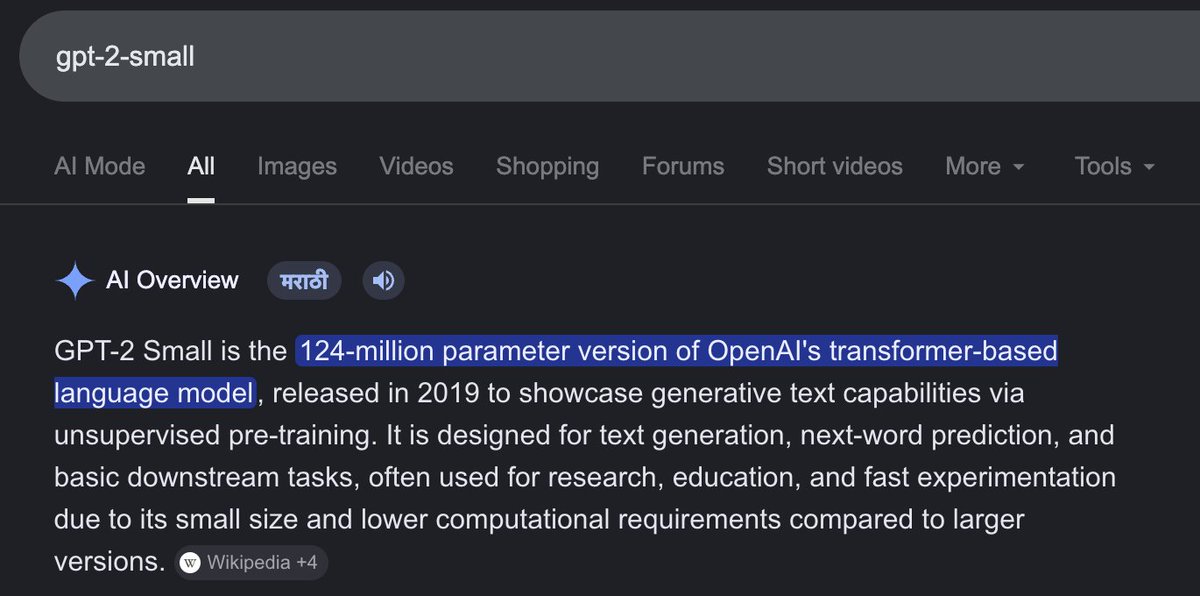 Google search result showing GPT-2 Small as a 124M parameter model