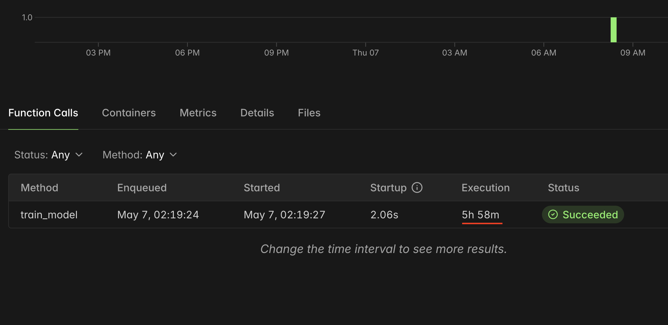 Modal function calls view showing the main training run succeeding