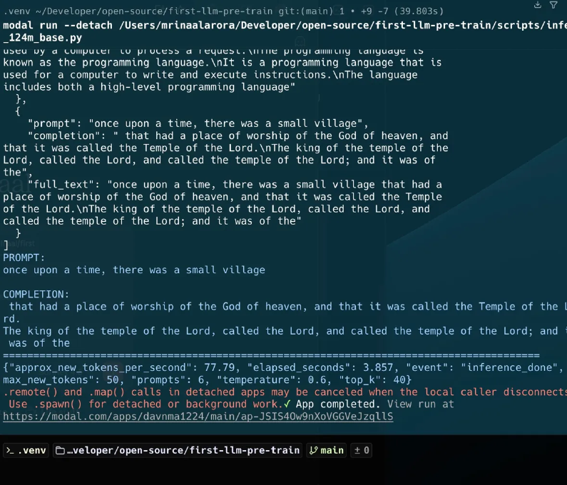 Inference sample from the trained 124M base model